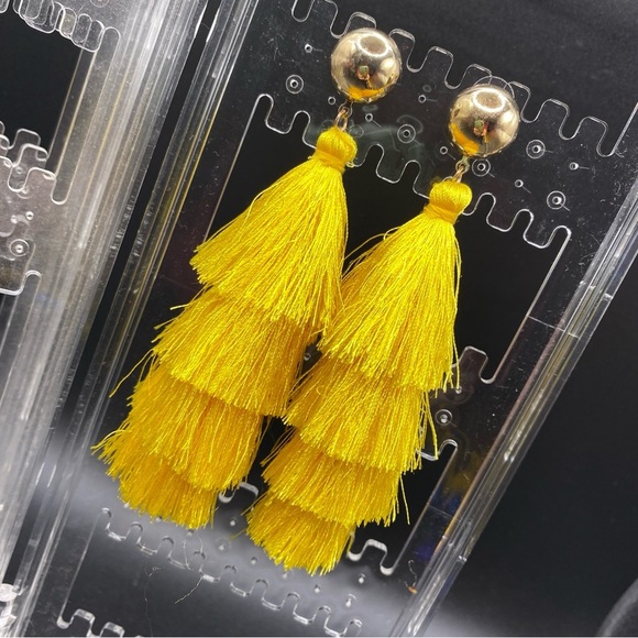 Bright Yellow Tierd Silk Tassel Pierced Post Long Earrings - Picture 5 of 7